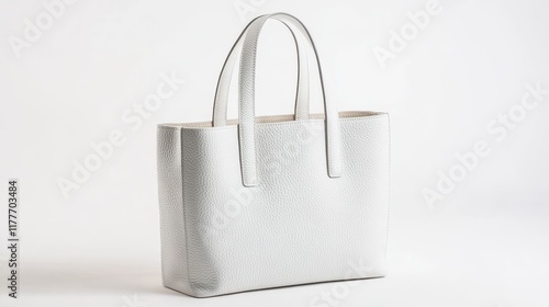Premium white leather tote bag with a sleek design, isolated on a white background, photographed in full focus.