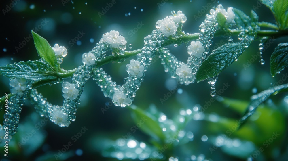 DNA strand formed by small white flowers on a stem. DNA strand formed by small white flowers on a stem.