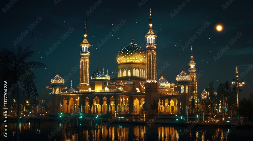 Illuminated mosque at night, reflecting in calm water. Illuminated mosque at night, reflecting in calm water.
