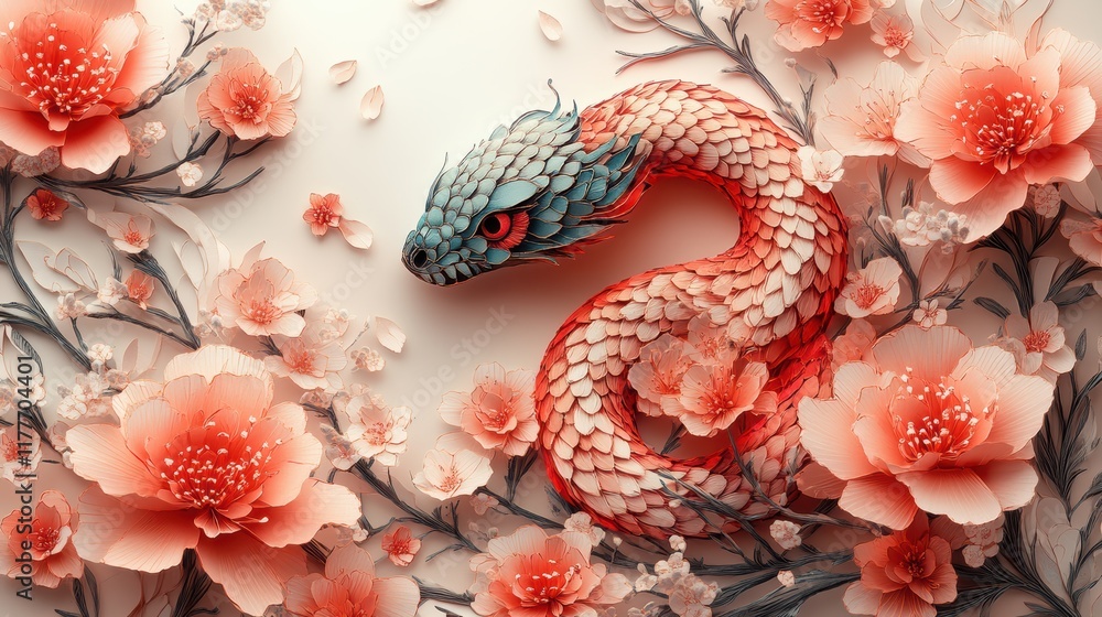 Obraz premium Coiled Snake with Delicate Floral Patterns in Soft Colors