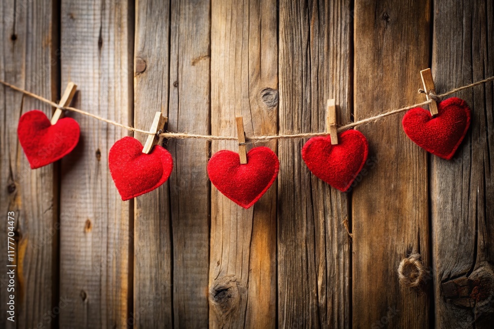Rustic Valentine's Day Background: Hanging Red Hearts & Vintage Decor Rustic Valentine's Day Background: Hanging Red Hearts & Vintage Decor