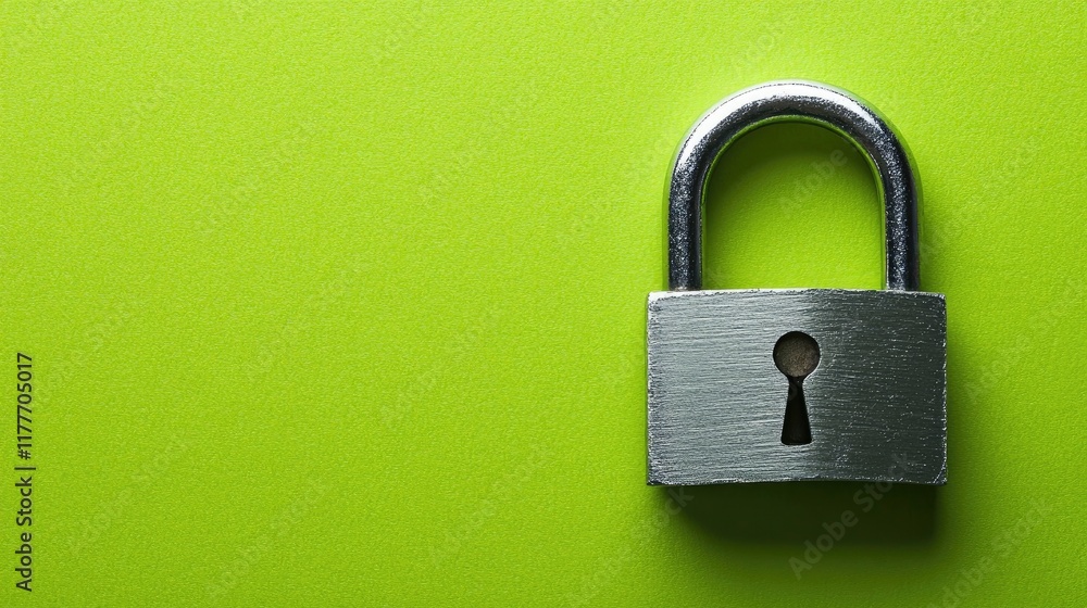 Shiny metal padlock lying flat on a vibrant green background, minimalist aesthetic. Shiny metal padlock lying flat on a vibrant green background, minimalist aesthetic.