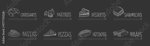 Restaurant Menu Chalk Drawn Dish and Meal Vector Set