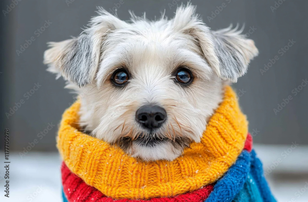 A playful puppy chewing on its own scarf while wearing a bright winter outfit A playful puppy chewing on its own scarf while wearing a bright winter outfit