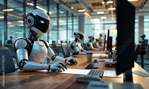 Wallpaper Mural A Futuristic Office: AI Systems and Robots Replacing Human Employees, Representing the Workforce Shift

 Torontodigital.ca