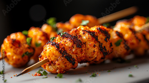 Closeup of grilled cauliflower skewers with a spicy rub, bustling outdoor food cart photo