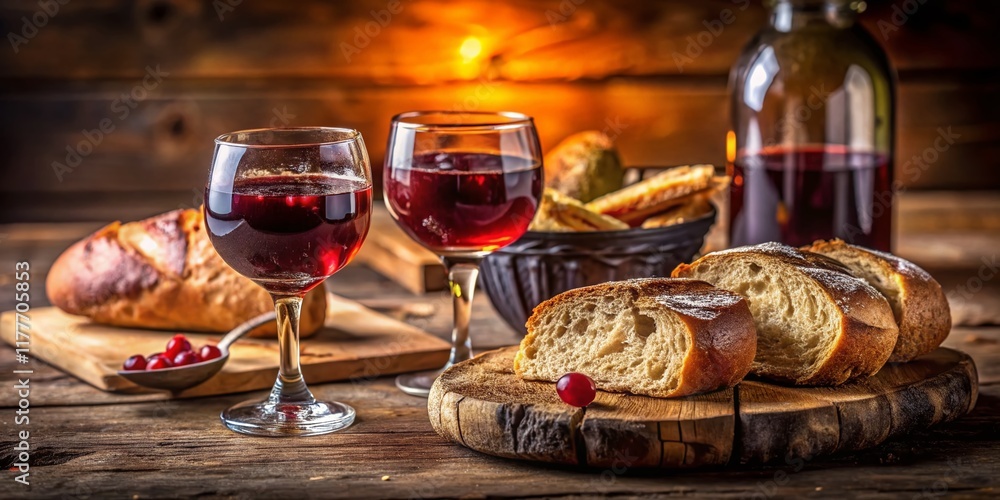 Rustic Wine Tasting: Bread, Jam, and Wine Glasses on Dark Table Rustic Wine Tasting: Bread, Jam, and Wine Glasses on Dark Table