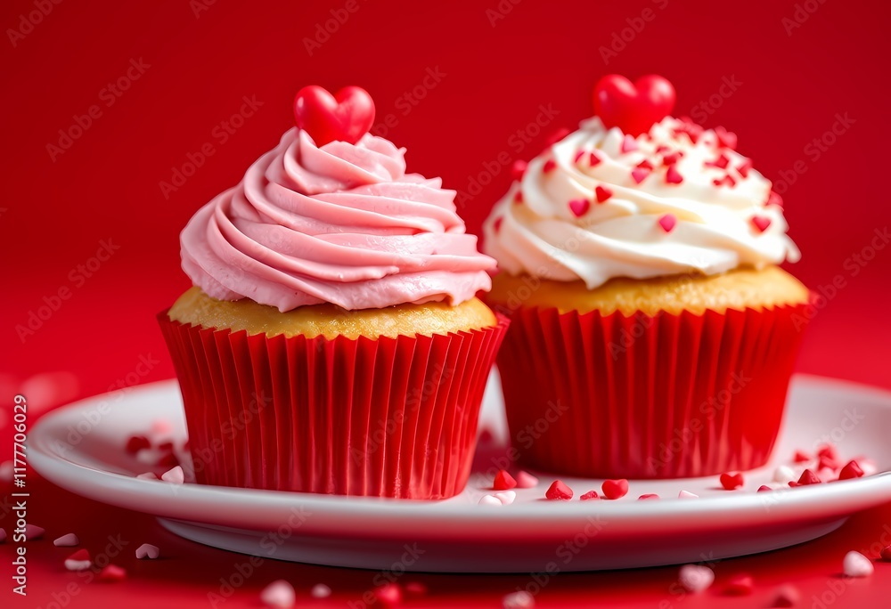 Decorative Cupcakes with Heart Toppers on a White Plate Decorative Cupcakes with Heart Toppers on a White Plate