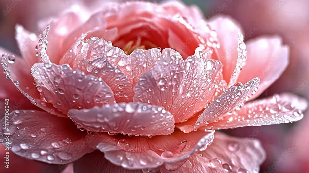 A beautiful pink flower is adorned with fresh dewdrops, showcasing intricate petal details. This macro photography captures the essence of nature, highlighting beauty during early morning light. A beautiful pink flower is adorned with fresh dewdrops, showcasing intricate petal details. This macro photography captures the essence of nature, highlighting beauty during early morning light.