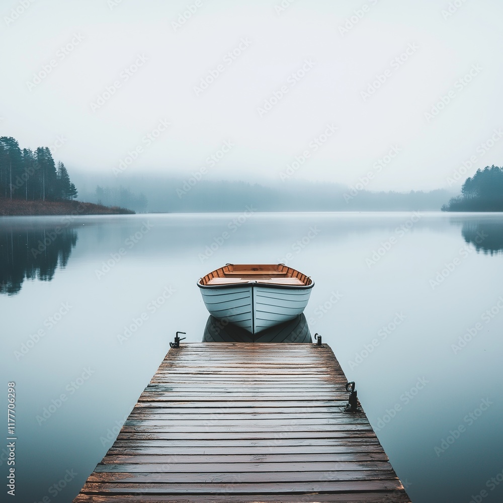 Obraz premium A peaceful wooden boat docked at a quiet lake, enveloped in fog, evoking serenity and tranquility.