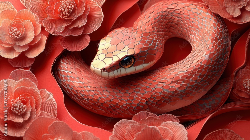 Fototapeta premium Stunning Golden Snake Slithering Through Vibrant Red Flowers