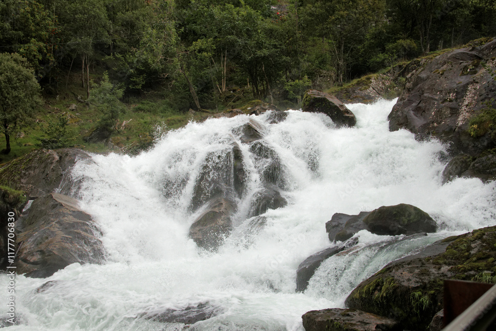 Fototapeta premium Vigorous water flows over rocks, embraced by lush greenery, creating a serene atmosphere.