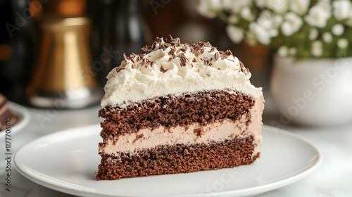 A slice of delicious, creamy chocolate layer cake on a white plate. The cake has a rich chocolate flavor and is topped with whipped cream. photo