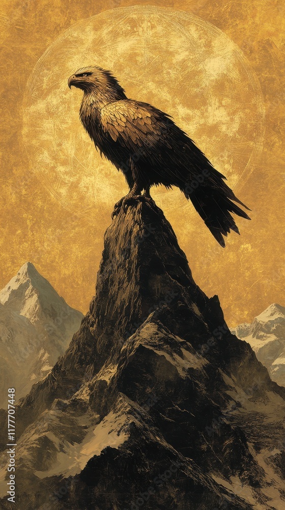 Fototapeta premium Majestic Eagle Perched Atop a Mountain Peak Underneath a Golden Moon