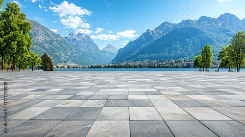 Fototapeta Naklejka Na Ścianę i Meble -  Empty square floor and lake with mountain background.