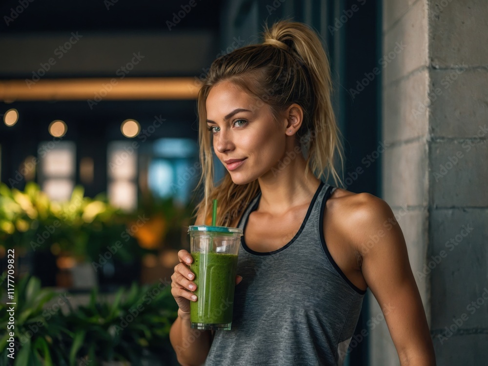Girl enjoying a healthy green smoothie in a casual sporty outfit while surrounded by indoor plants in a vibrant setting Girl enjoying a healthy green smoothie in a casual sporty outfit while surrounded by indoor plants in a vibrant setting