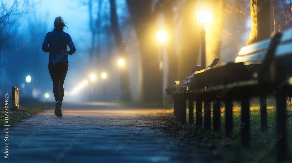 Fototapeta premium Early Morning Jogger in Foggy Park with Streetlights Glowing Softly