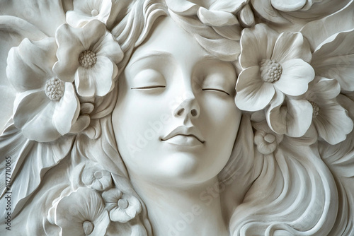 A white bas-relief showing a woman's face with flowers and flowing hair, generative AI technology photo