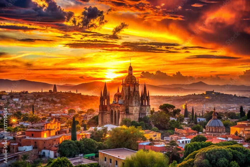 Obraz premium San Miguel Sunset Double Exposure: Vibrant Sky Meets Cityscape