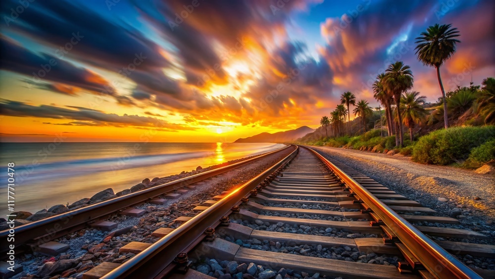 Fototapeta premium Santa Barbara Sunset: Long Exposure Train Tracks, California Coastal Railroad Scene