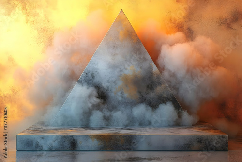 Abstract Metallic Pyramid Emerging from Smoke, 3D Rendering photo