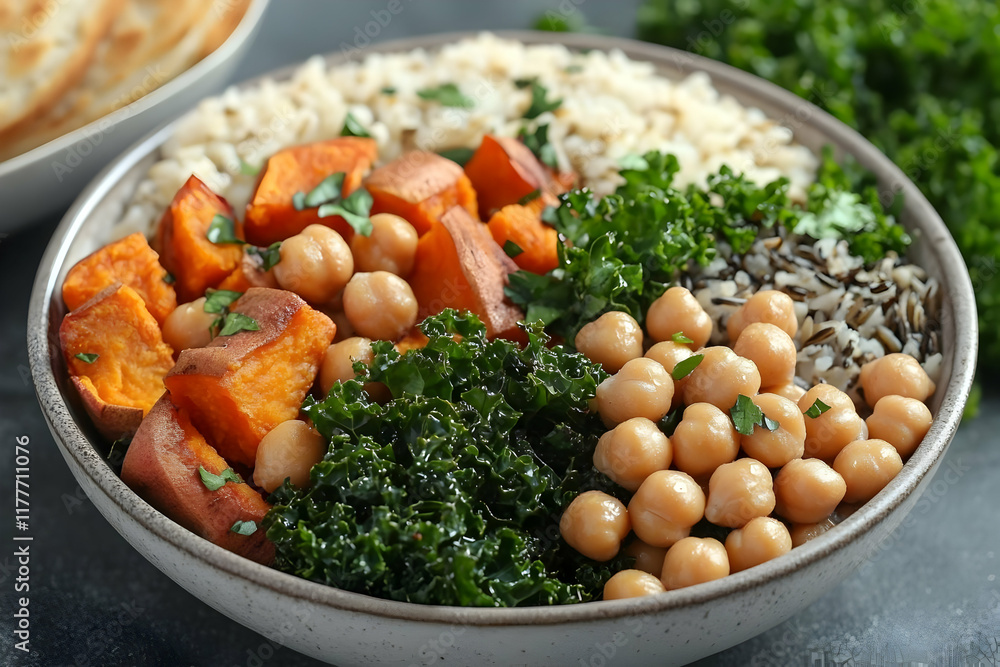 A vibrant and healthy bowl with roasted sweet potatoes, chickpeas, kale, and mixed rice A vibrant and healthy bowl with roasted sweet potatoes, chickpeas, kale, and mixed rice