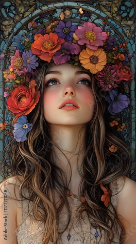 Breathtaking Digital Portrait of Woman with Floral Headdress in Art Nouveau Style