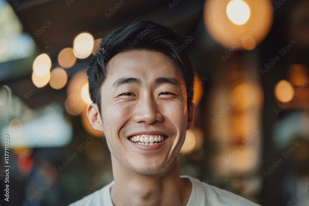 Portrait of a joyful young man with a gleaming smile indoors with warm, bokeh lights Portrait of a joyful young man with a gleaming smile indoors with warm, bokeh lights