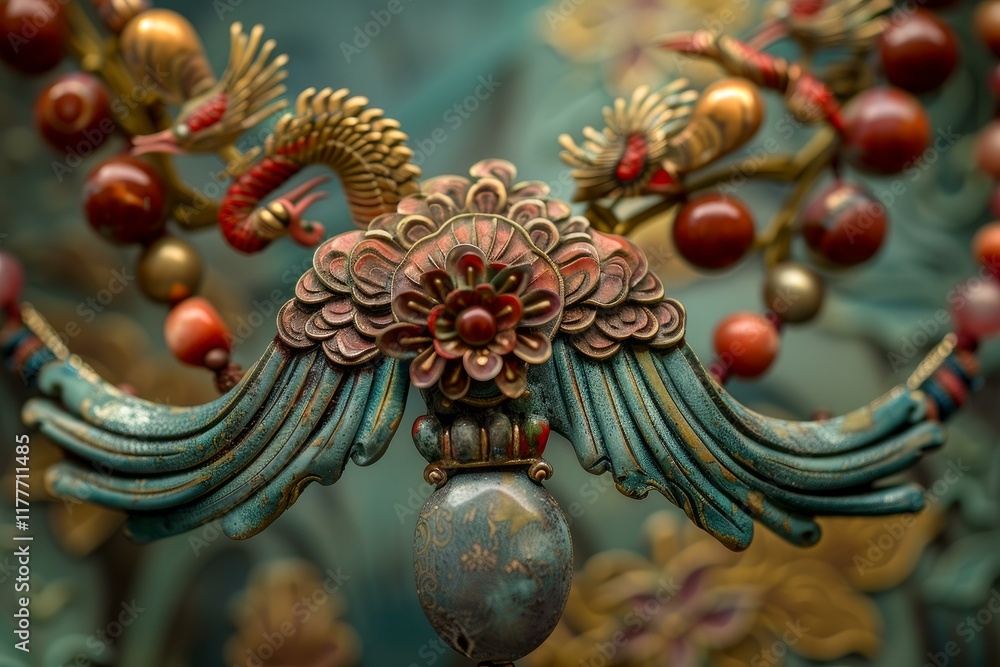 Fototapeta premium Intricately crafted necklace featuring a dragon and phoenix, traditional symbols of chinese culture, showcasing the beauty of ancient craftsmanship