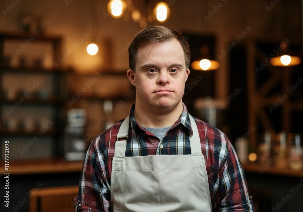 Obraz premium Young caucasian male barista in cafe setting wearing apron
