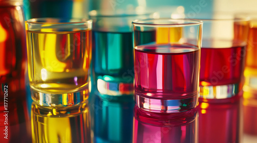 Laboratory glassware with liquids of different colors with reflections on table - With clipping path