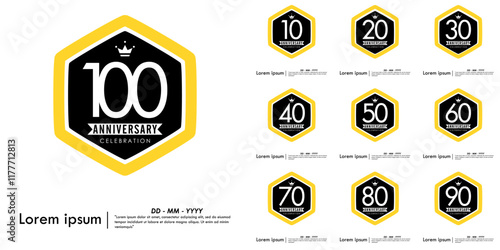 Set of 10-100th years anniversary celebration emblem. hexagon anniversary logo with ribbon. medal badge frame on white background. vector illustration template design