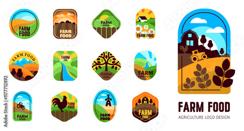 Agriculture and Farm Logo Icon Set. Green Fields, Sun, Sky, Eco Symbols in a geomtric style photo