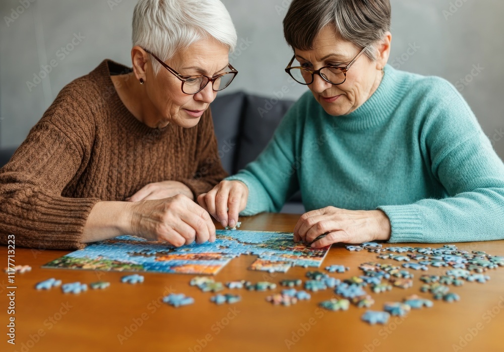 Elderly caucasian women solving puzzle together at home Elderly caucasian women solving puzzle together at home