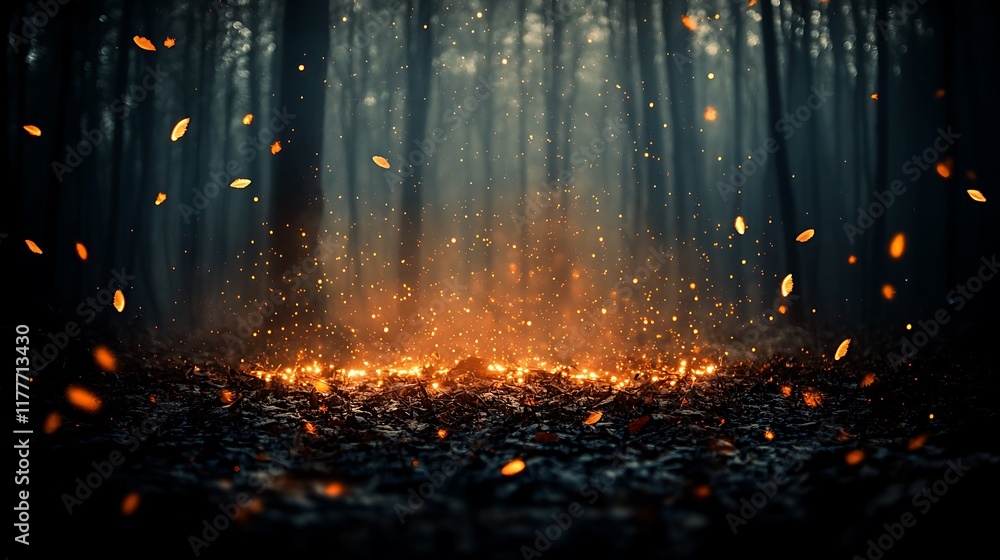 Fototapeta premium Magical Fairy Lights Illuminating Nighttime Forest with Space for Text