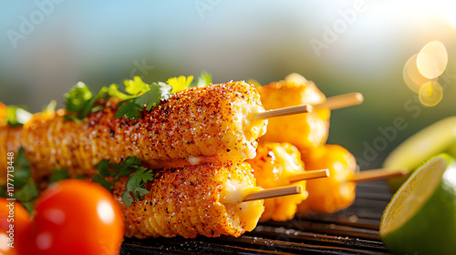 Closeup of Mexican elote skewers, topped with cheese, spices, and lime, sunny market scene photo