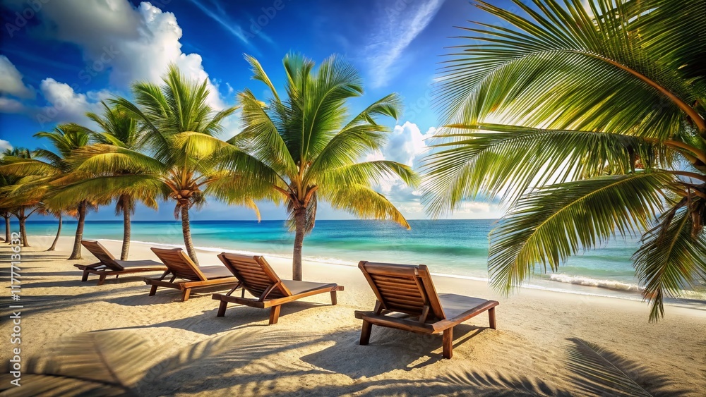 Serene Beach Scene: Lounge Chairs, Palm Trees, and Clear Blue Sky - Long Exposure Photography Serene Beach Scene: Lounge Chairs, Palm Trees, and Clear Blue Sky - Long Exposure Photography