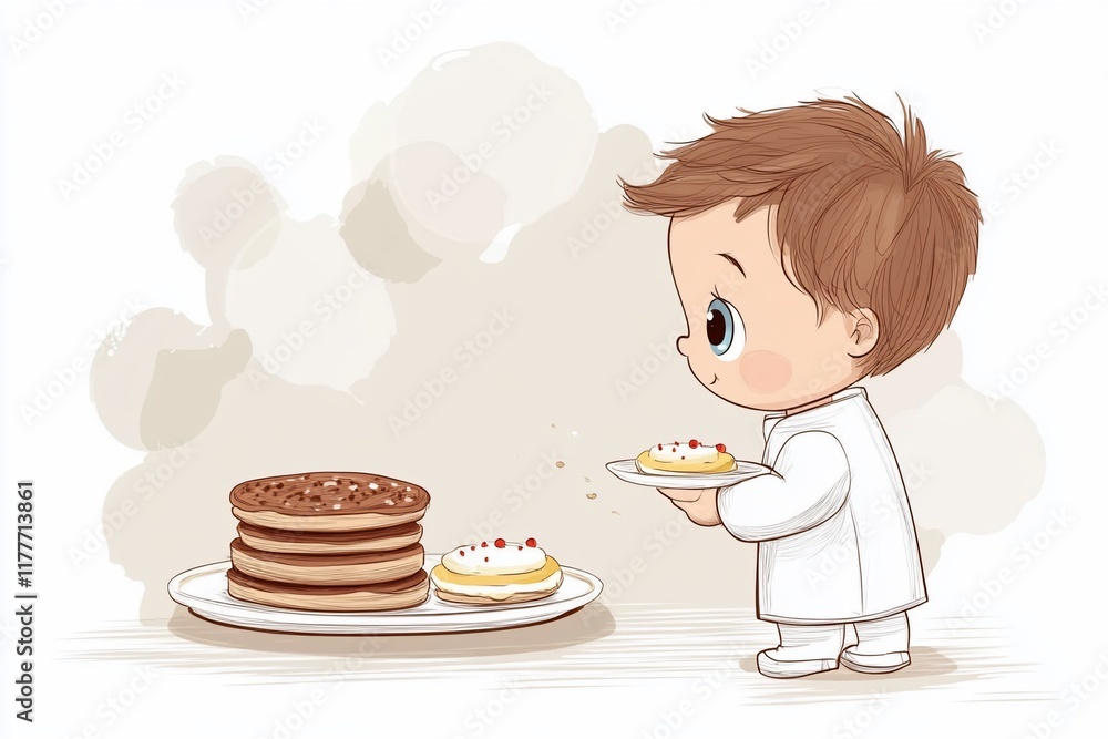Boy with cake, sweet treat, illustration Boy with cake, sweet treat, illustration