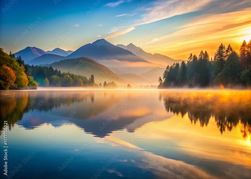 Fototapeta premium Serene Calm Lake at Dawn: Still Water, Misty Mountains, Peaceful Nature
