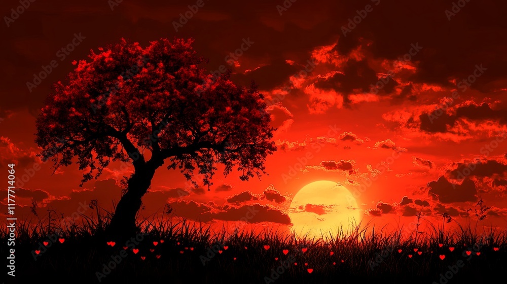 A stunning spring landscape featuring a red heart-shaped tree at sunset, surrounded by blooming flowers A stunning spring landscape featuring a red heart-shaped tree at sunset, surrounded by blooming flowers