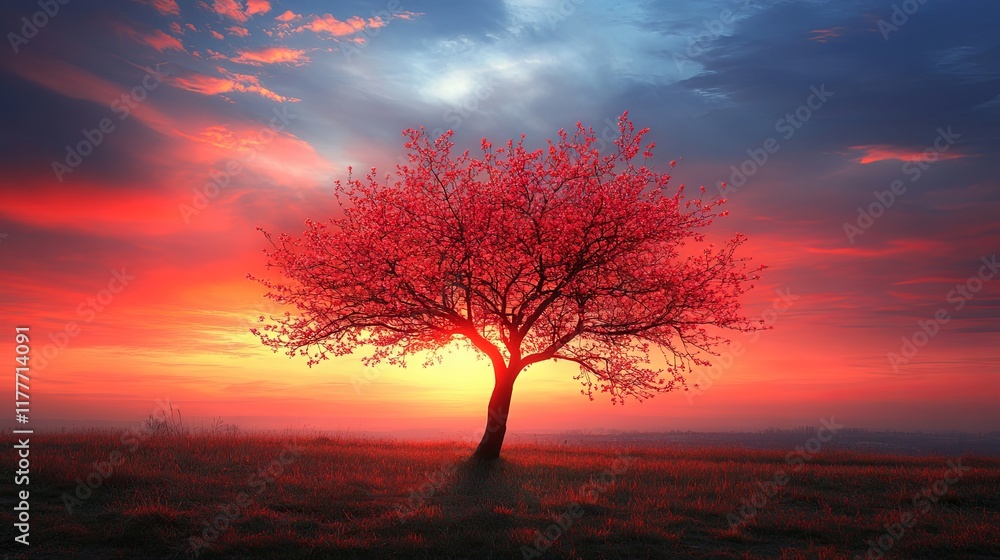 Obraz premium A stunning spring landscape featuring a red heart-shaped tree at sunset, surrounded by blooming flowers 