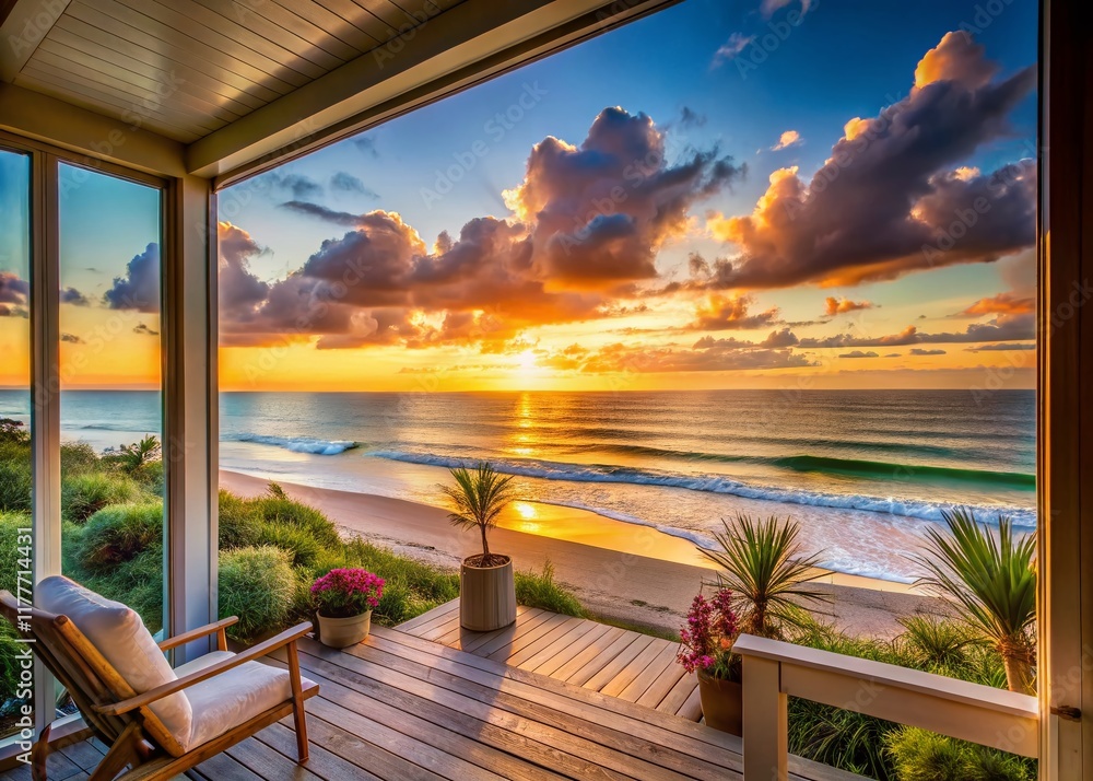 Fototapeta premium Serene Coastal Escape: Beach House Ocean View Relaxation