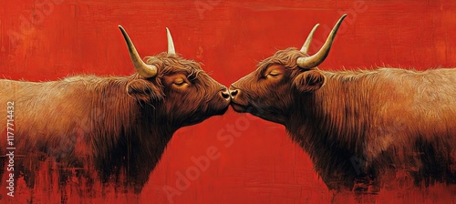 two scottish highland cow kissing banner for valentine day photo