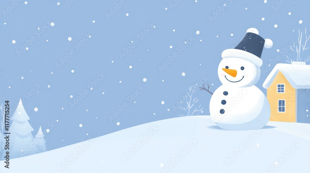 Happy snowman winter snowscape, holiday card Happy snowman winter snowscape, holiday card