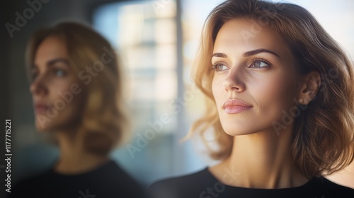 Thoughtful woman gazing out of window with soft natural light