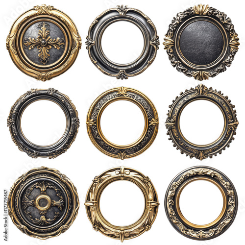 Exquisite Set of Ornate and Vintage Circular Frames Decorated with Gold and Metal Elements for Artistic and Elegant Design Projects