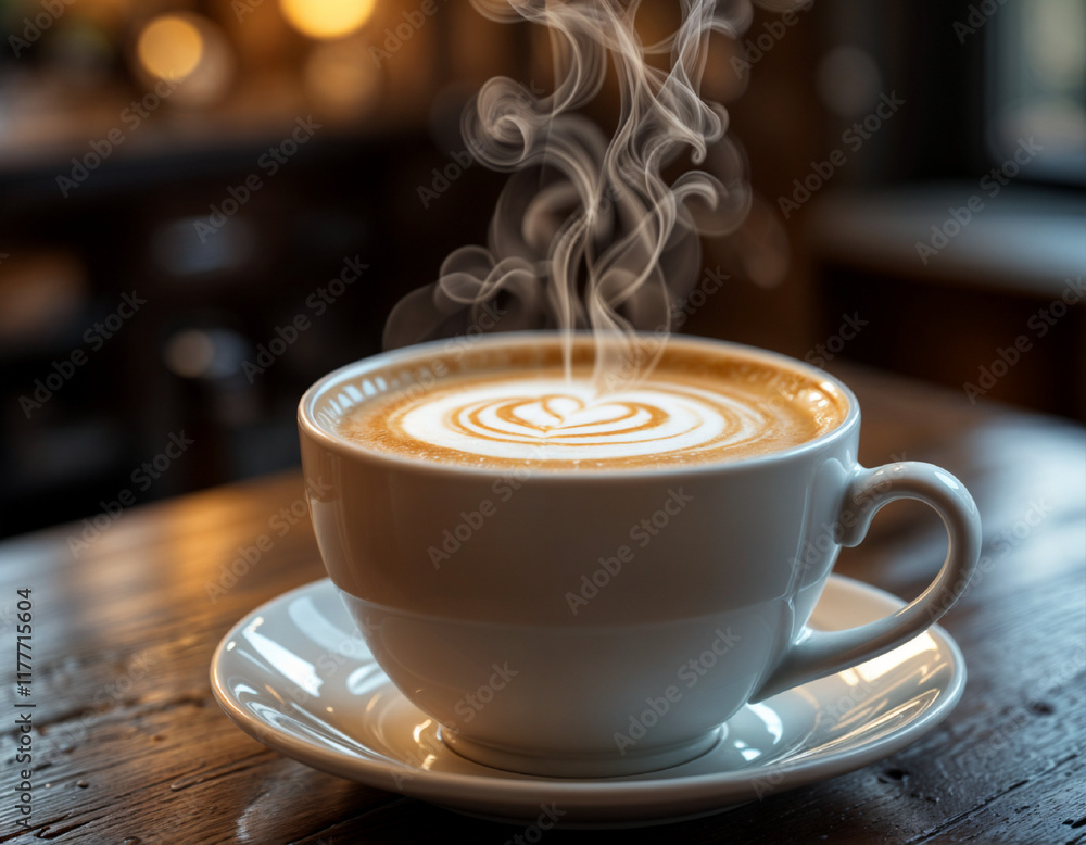 Artistic Heart Vanilla Latte on Wooden Table in Cozy Cafe Setting Artistic Heart Vanilla Latte on Wooden Table in Cozy Cafe Setting