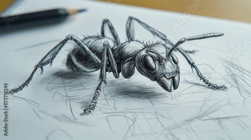 Ant drawn with a pen. The hand draws emmet school notebook photo