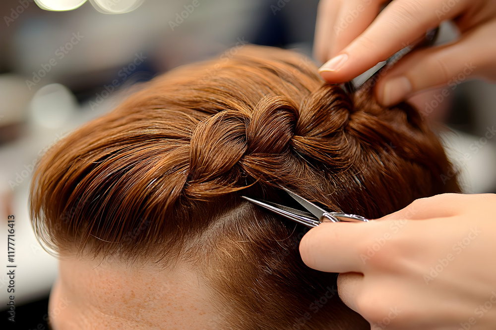 Naklejka premium Close-up of a barber meticulously cutting and styling a man's red hair with glitter, showcasing precision and expertise in a barbershop setting.
