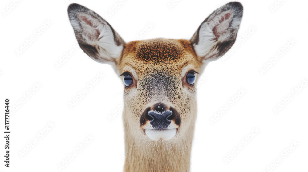 Obraz premium Close-Up Portrait of a Graceful White-Tailed Deer Against a White Background, Capturing the Elegance and Beauty of Wildlife in Nature